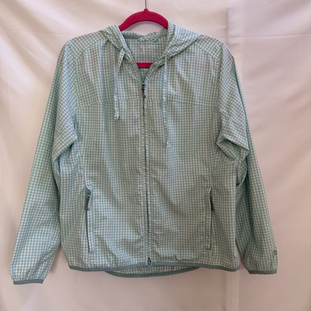 Coolibar Arcadian Packable Sunblock Jacket Women's M Gingham UPF 50+ Hooded